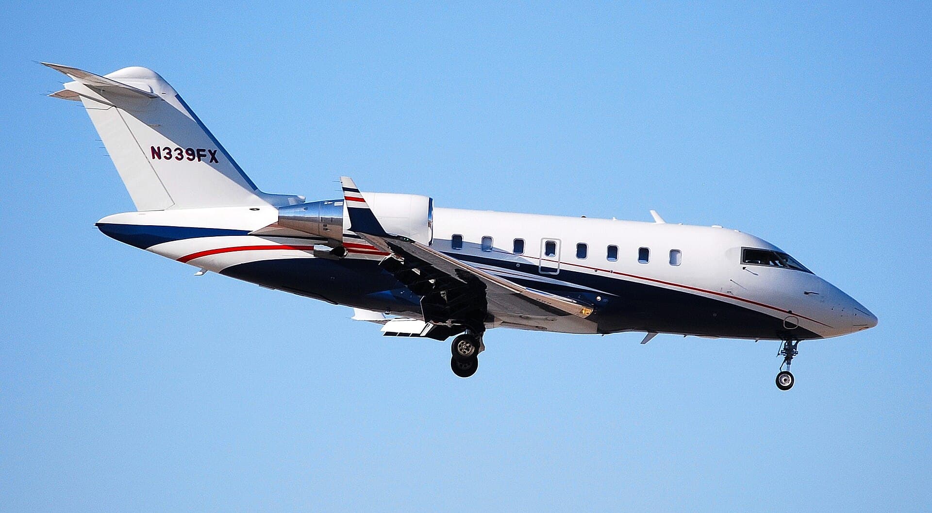 A Flexjet-liveried Bombardier Challenger 605 business jet, registration N339FX, photographed on the ground at McCarran International Airport in Las Vegas in September 2008.