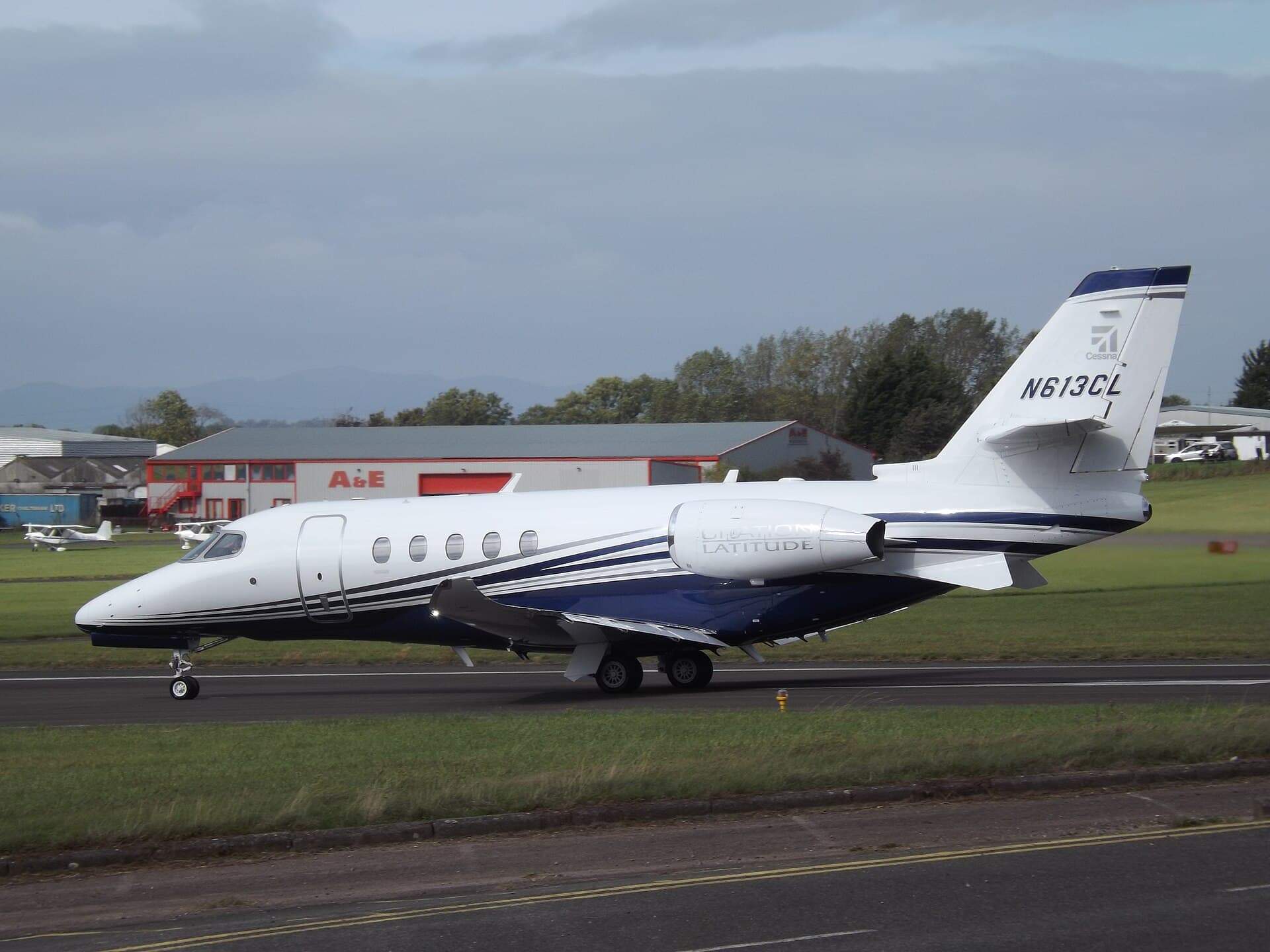 Textron Aviation's Cessna Citation Latitude demonstrator, registration N613CL, in white corporate livery at Gloucestershire Airport.