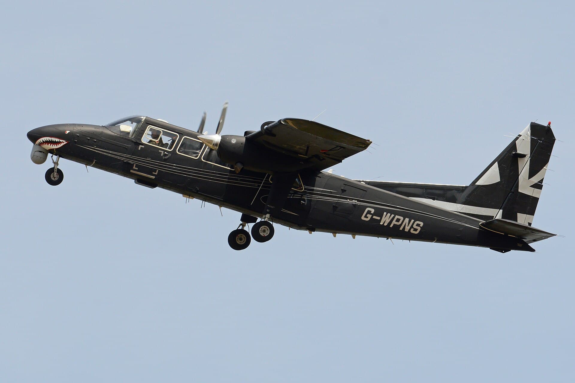 A high-wing twin-engined Britten-Norman BN2T-4S Islander/Defender, UK registration G-WPNS, seen at the Royal International Air Tattoo at RAF Fairford in 2017.